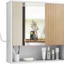 Bathroom Cabinet with Mirror & LED, Wall Mounted Bathroom Cabinet,Side Hook | Mirror Door | LED Light | Adjustable Shelves | Side Hook | Open Bottom Shelf | White & Wood Grain | Over Toilet Mount, 6.6"D x 21.2"W x 21.6"H