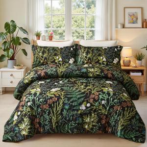 Queen Comforter Set - 3 Pieces Botanical Bedding Comforter Set, 1 Soft Green Plant Flowers Comforter (90"x90") and 2 Pillow Shams(20"x26") Ultra-Soft Comfort Suitable for All Seasons