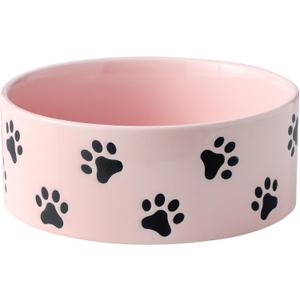 6.5 Inch Pink Ceramic Dog Bowl with Paw Print Pattern - Porcelain Wide Mouth Dog Food or Water Bowls, Large Feeding Pet Bowls for Indoor Medium Sized Dogs, for Wet or Dry Food