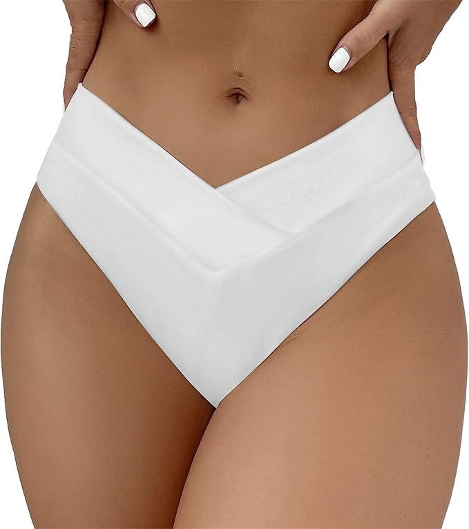 Women's V Cut Bikini Bottom High Waisted Twist Front Bikini Swimsuit Ribbed High Leg Cross Over Bathing Suit Bottoms, M