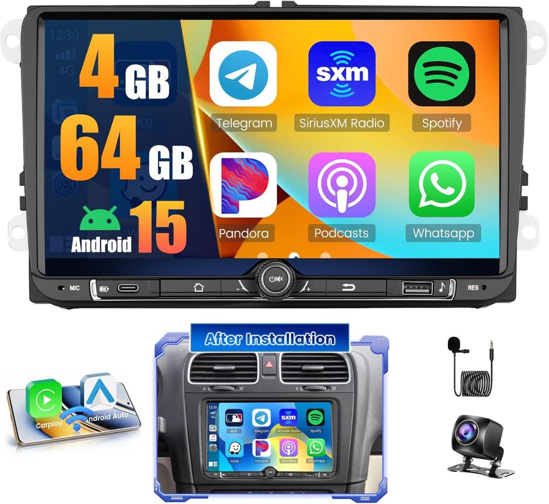 [4+64G] Android 15 Car Stereo for VW Golf 5 6 Polo Passat Skoda Touran Tiguan Seat, 9'' IPS Touchscreen Radio for VW Jetta Caddy EOS Wireless Carplay Android Auto Bluetooth GPS WiFi DSP Backup Cam
