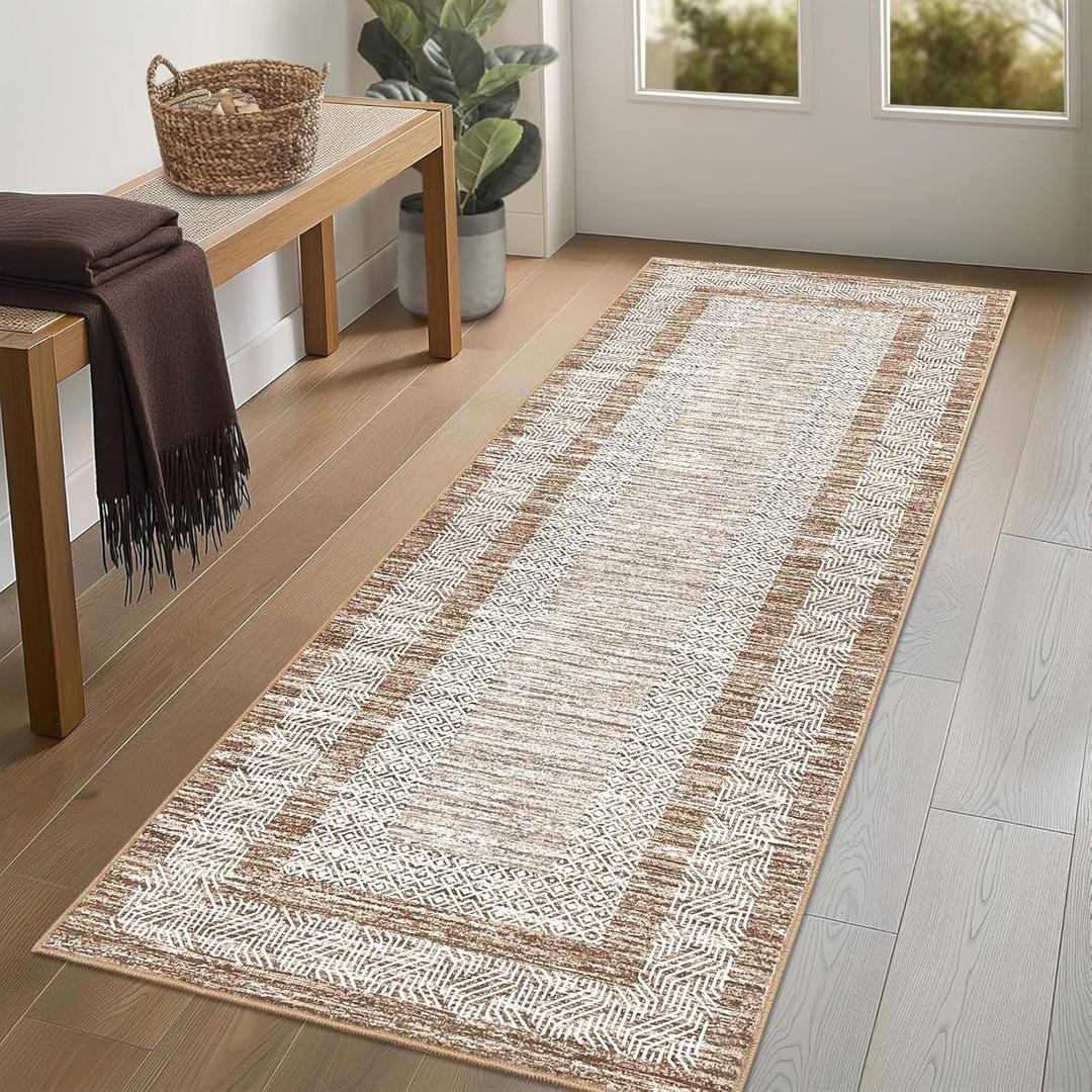 GarveeHome 2x6 Modern Bordered Runner Rug Soft Non Slip Runner Washable Non Shedding Floor Carpet, Distressed Geometric Hallway Runner, Indoor Printed Runner for Kitchen, Entrance, Brown