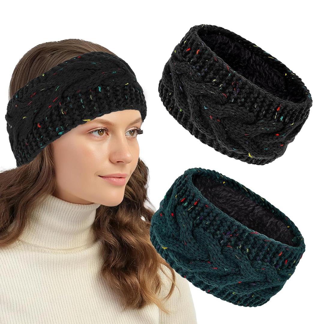 3 x CAVETEE Winter Headbands for Women2 Pack Thickened Coral Fleece Lined Crochet Knit Non-Slip Windproof Knit Headbands for Women (Black&Dark Blue)