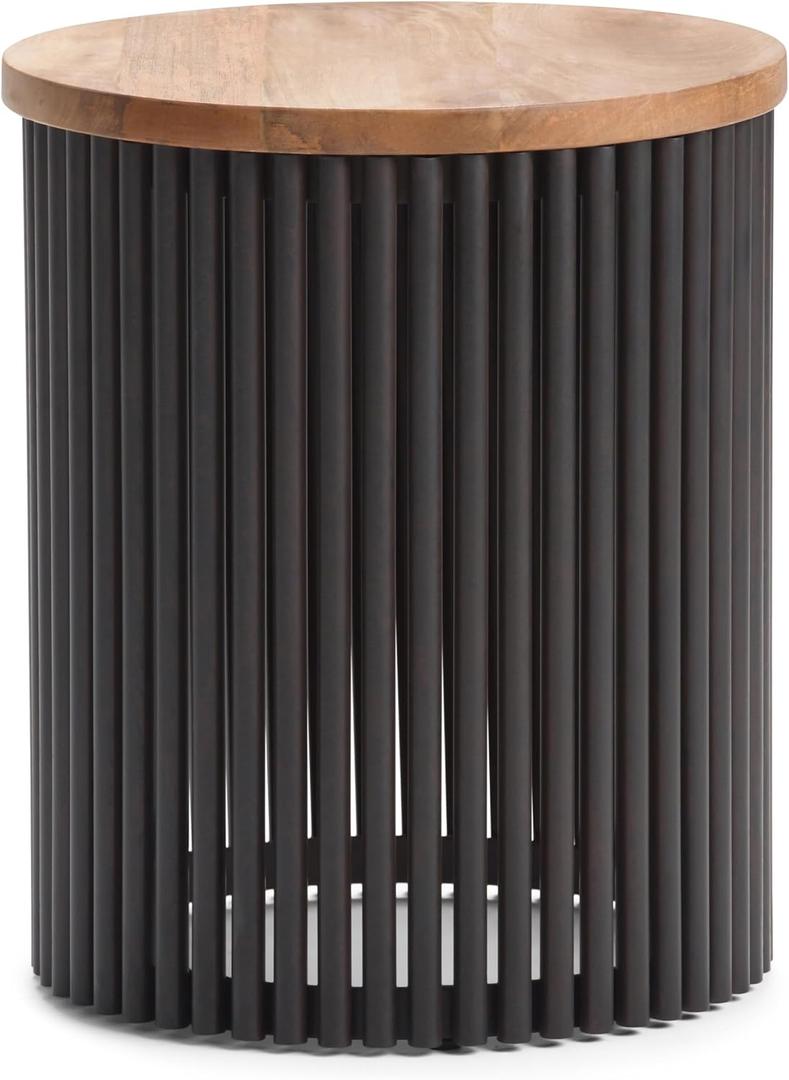 SIMPLIHOME Demy Metal and Wood Accent Table - 18 inch Wide Solid Metal Round End Table in Natural and Black, Industrial Side Table or Coffee Table for Living Room with Compact Design, Assembled | Side Table, Industrial Style, Assembled