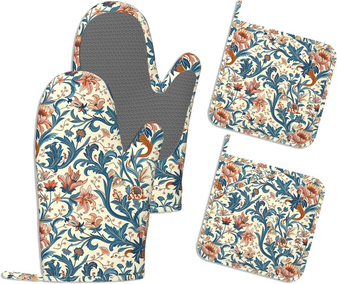 Heat Resistant Pot Holders and Oven Mitts,Vintage Floral Extra Long Kitchen Oven Mitt Set,Rustic Flower Cotton Lining Anti-Slip Waterproof Kitchen Mittens Hot Pan Holder for Baking Cooking Grilling
