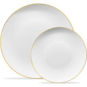 PLASTICPRO White Plastic Design Party Plates Premium heavyweight Elegant Disposable Tableware Dishes (128, White Organic with Gold Rim)