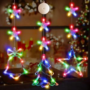 3Pcs Christmas Window Lights Decorations with Timer, Battery Powered Christmas Window Hanging Multicolor String Lighted Tree Bell Star Shaped LED Sucker for Xmas Window Fireplace Indoor Decor