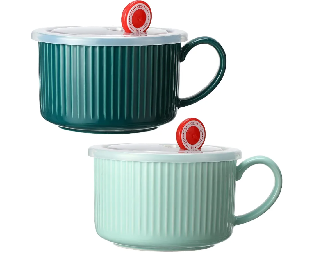 Nuenen 2 Pcs Soup Bowls with Lids and Handles 30 oz Microwave Safe Ceramic Soup Mug Microwavable Ramen Containers with Lids Large Colorful Cups for Noodle Cereal kitchen(Blue, Dark Green)