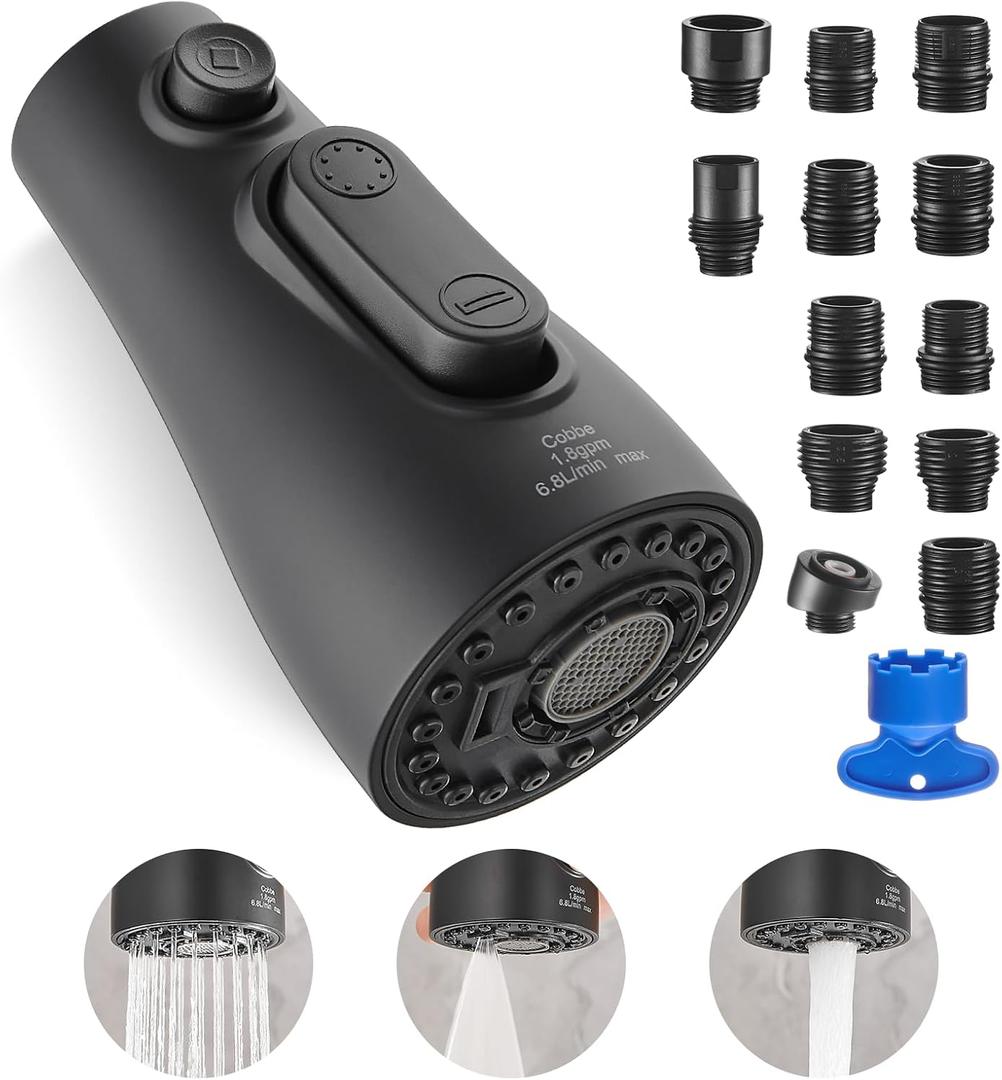 Cobbe Kitchen Faucet Head Replacement 3 Modes with 12 Faucet Adapter, Kitchen Sink Sprayer Replacement for Kitchen Faucet with Pull Down Sprayer, American Standard, Matte Black