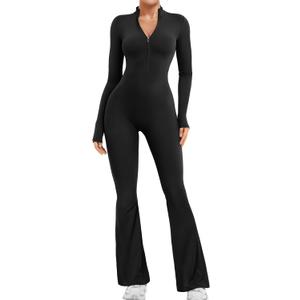 YEOREO Women Long Sleeve Flare Workout Jumpsuit Zip Up Romper Bottom Pants Wide Leg Bodysuit Bodycon Sexy One Piece (Small, Black)