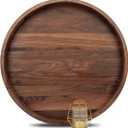 20 Inches Extra Large Round Black Walnut Wood Ottoman Tray with Handles, Serve Tea, Coffee or Breakfast in Bed, Classic Circular Wooden Decorative Serving Tray
