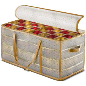 ZOBER Christmas Ornament Storage Box Plastic - Stores 128 3" Ornaments with Individual Trays - Ornament Organizer Storage Box, Durable Christmas Containers Holder - Gold