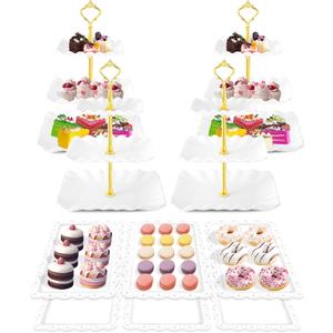 Hoedia 10 Pcs Cake Stand, Plastic Dessert Table Display Set, 4 Pcs 3 Tier Cupcake Stand Tower Holder and 6 Pcs Serving Tray for Tea Party Baby Shower Decorations, Square Wave