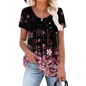 Women's Summer Short Sleeve Tunic Plus size ladies shirts Floral Blouse Loose Flowy Tops for Leggings (XXL)