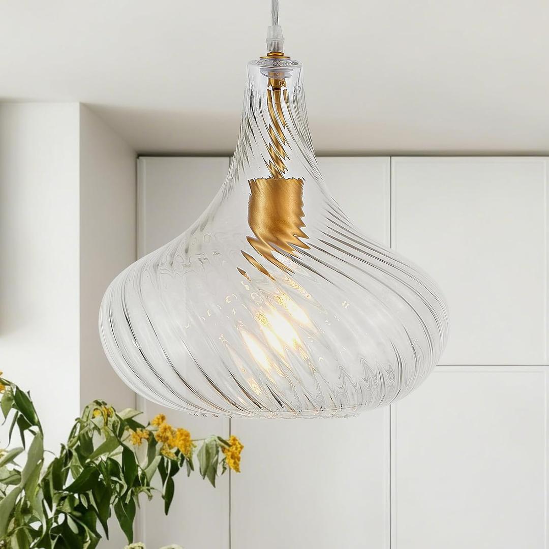 8 x Glass Pendant Lights with Striped Shade 11inch Modern Gold Pendant Lighting Fixtures for Kitchen Island Adjustable 1 Light Large Ceiling Hanging Light for Kitchen Sink Dining Room Hallway, UL Listed