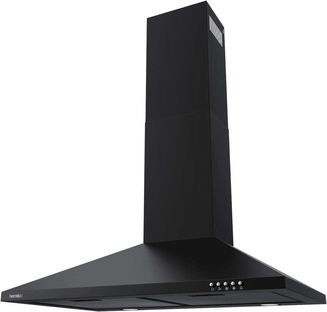 Hermitlux Range Hood 30 inch, Wall Mount Vent Hood for Kitchen with Charcoal Filter, Ducted/Ductless Convertible, Black (Black-Modern Design)