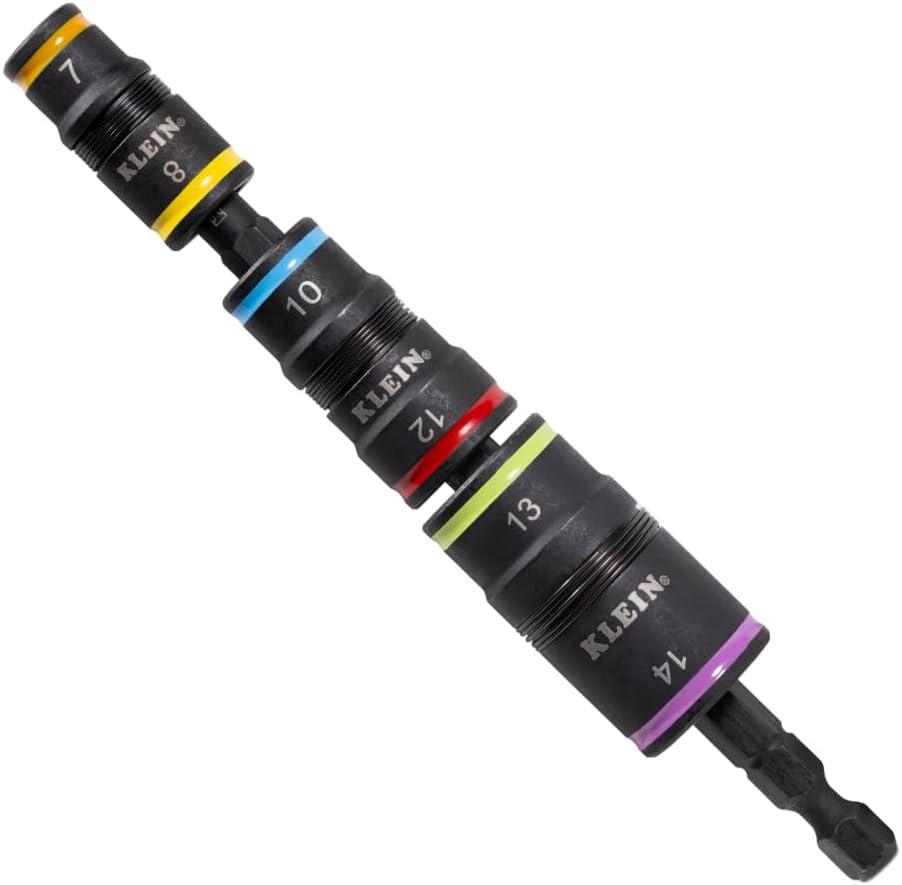 Klein Tools 32933M 6-in-1 Metric Impact Socket Set, 3 Flip Sockets with 7, 8, 10, 12, 13 and 14 mm Nut Driver Sizes, Impact Rated 5-Inch Shaft