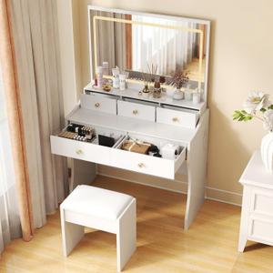 COMHOMA Makeup Vanity Desk with Mirror and Lights, Vanity Table and Chair Set with 5 Drawers and Charging Station, Bedroom Dresser LED Mirror Stepless Dimmable & 3 Color Modes Adjustable, White