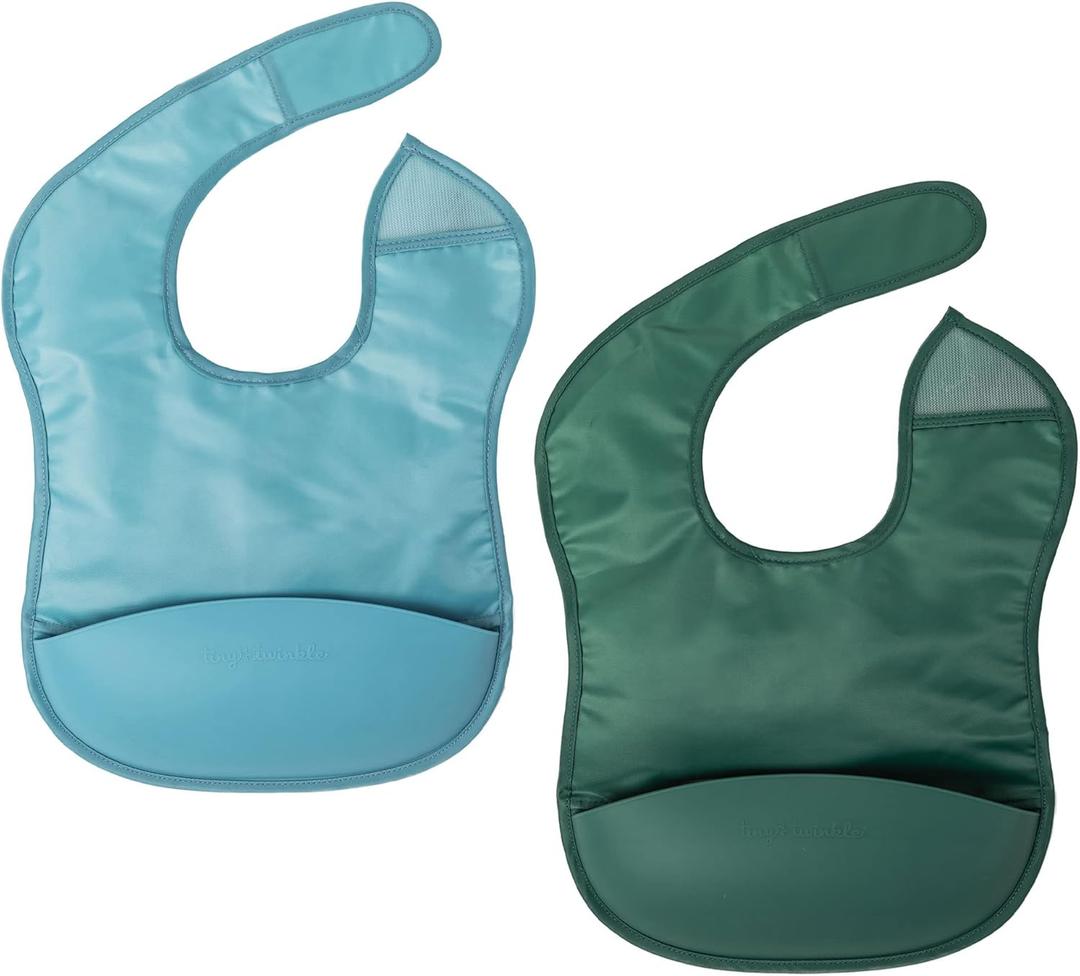 Tiny Twinkle Silicone Pocket Bibs - Waterproof Bibs Babies, Food Catching, Mess-Proof Bibs for 6-24 Months Old Baby Boy and Girl, Toddlers, 2-Pack (Slate, Olive)