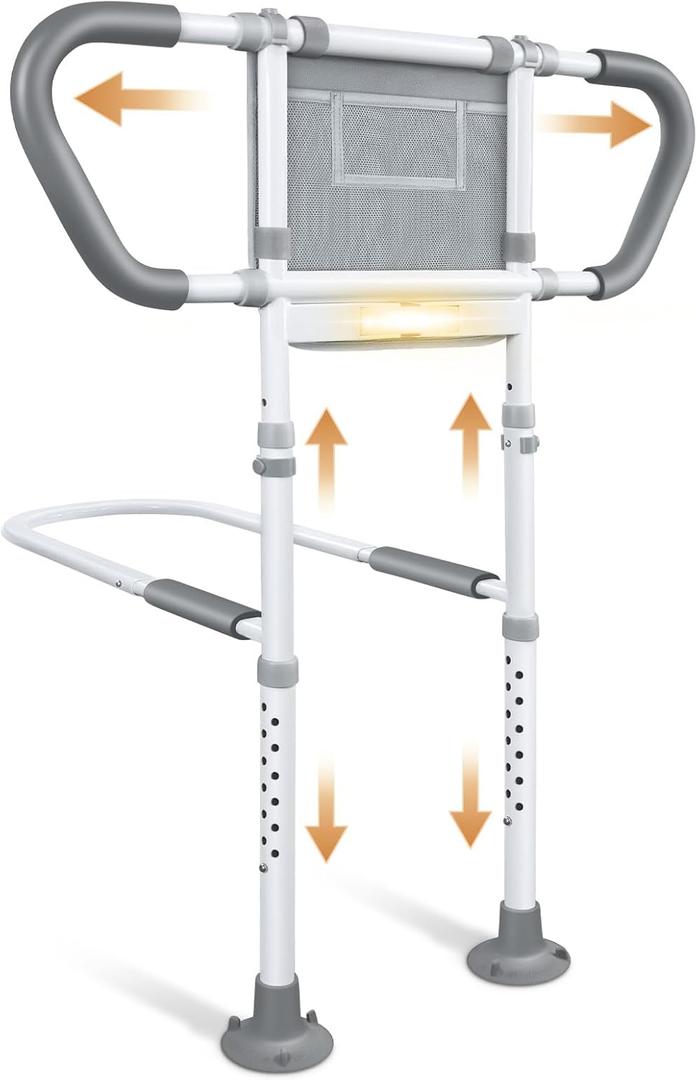 Bed Rails for Elderly Adults Safety: Adjustable Bedside Assist Rails with Storage Pockets, Non-Slip Handles, Sensor Night Light, 400LB Gravity Capacity