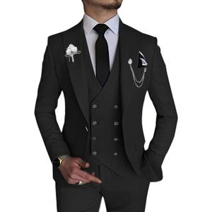 Wangyue Men's 3 Piece Slim Fit Suits Double Breasted Suit Men Formal Suit for Wedding Prom Dinner Party (Medium, Black)