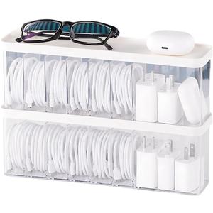Charger Cable Cord Storage Organizer Box - 2 Pack With Lid - Easy Storage Without Cable Ties
