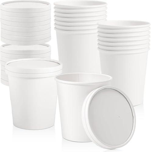 CLRBEATTY 25 Pack Paper Soup Containers with Lids,16 oz White To Go Soup Cups,Disposable Paper Food Containers,Ice Cream Cup Dessert Bowls for Hot and Cold Foods,Microwavable Freezer Safe