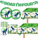 Dino Four Birthday Decorations Boy Plates Napkins and Cups Banners Table Cloth Roar I'm 4 Birthday Party Decorations for Boys Roar I'm Four Decorations