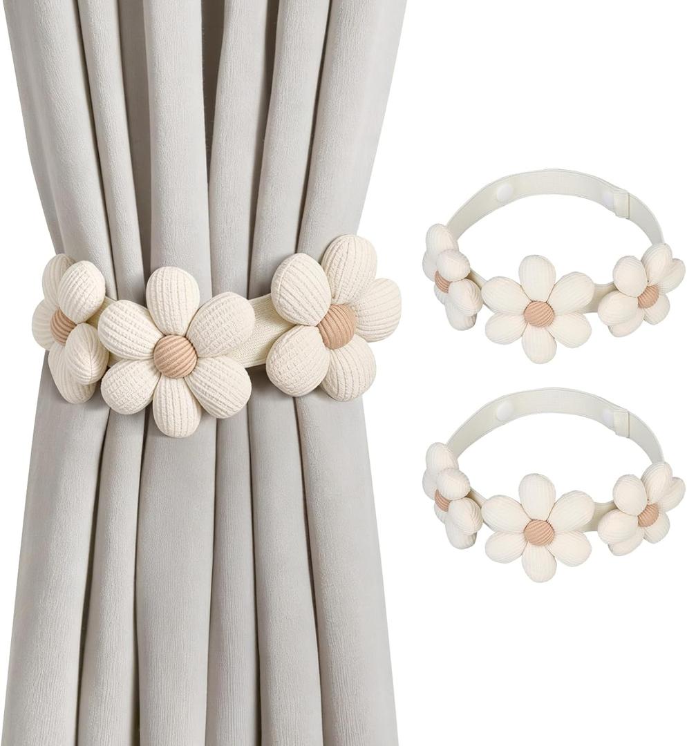 Curtain Tiebacks | Magnetic Wood Bead Curtain | Sunflower Curtain Tieback Boho | Simple Elegant DIY Curtain Holdbacks | Accessories Wall Decoration for Home Office (4, Sunflower Curtain)