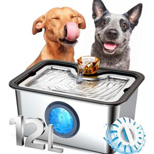 Dog Water Fountain for Large Dogs, 12L/ 3 Gallon Automatic Pet Drinking Fountain for Multiple Pets SUS 304 Stainless Steel, with Large Filter and Quiet Pump, No Spill, BPA-Free,