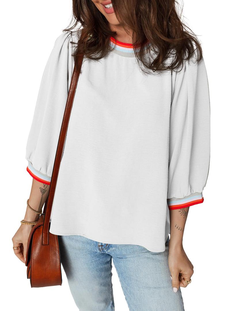 SHEWIN Womens Blouses Fall Fashion 2025 Crewneck Loose Fit Flowy Blouse Business Casual 3/4 Length Sleeve Women's Tops for Women Trendy White X-Large (XL)