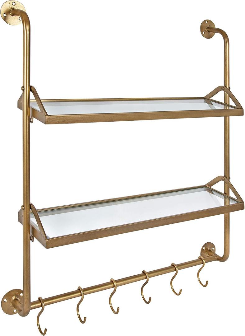 Kate and Laurel Marit Modern Industrial Wall Shelf with Metal Pipe Supports and Glass Shelves, Gold, 26x31