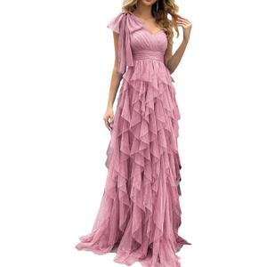 Summer Women Tulle Prom Dress Elegant Bow One Shoulder Slit Evening Party Gown Wedding Guest Bridesmaid Maxi Dress (Medium, #1 Pink)