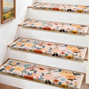 RORA Bullnose Stair Treads for Wooden Steps,Non-Slip Peel and Stick Stair treads Stair Carpet for Indoor Runner and Pets,Floral Stair Rugs,Soft Washable Staircase 14pcs 29.5 ''x9.5 ''x1.5 ''