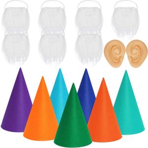 16 Packs Gnome Costume Set 7 Pcs Felt Dwarf Hats 7 Pcs White Fake Beard 2 Pcs Fake Ears for Halloween Christmas Party Cosplay (Color 3)
