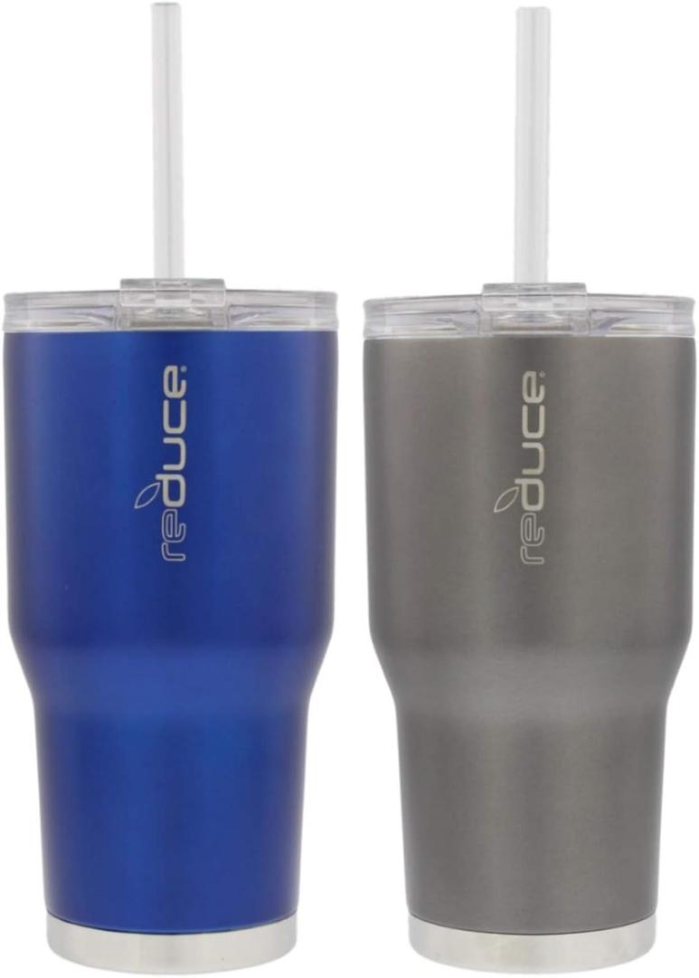 reduce COLD-1 Vacuum Insulated Thermal Tumbler with Two Extra Straws, 30oz - Satin Grey & Blue (2 Pack)