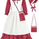 Pioneer Girls Dress Floral Colonial Prairie Costumes for Little Kids with Apron and Bonnet (10-12/150, Dark Red)