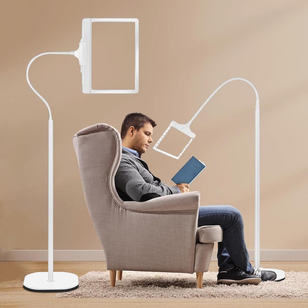 5X Rechargeable Floor Magnifying Glass with Light and Stand,43 LED Flexible Hands Free Magnifying Lamp,2-in-1 Large Lighted Magnifiers for Reading,Sewing,Crafts,Painting,Close Work,DIY White