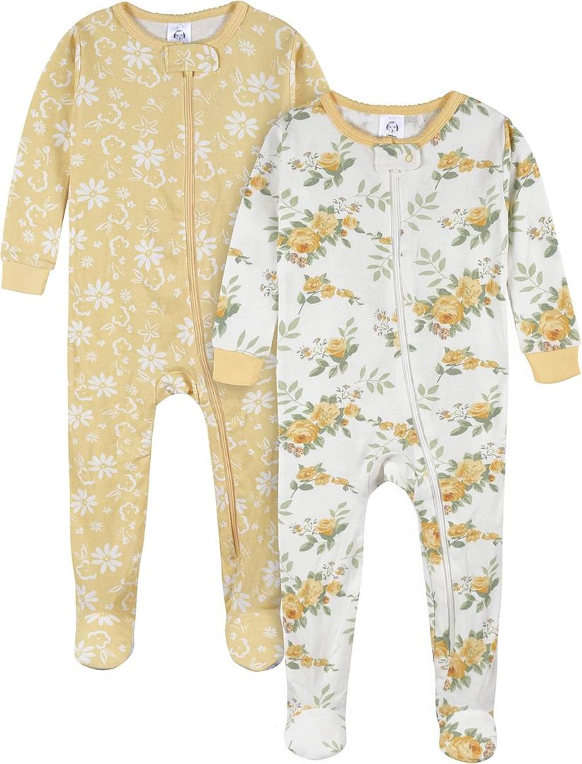 Gerber Baby Girls' 2-Pack Footed Pajamas (6 Months, Rose Garden Yellow)
