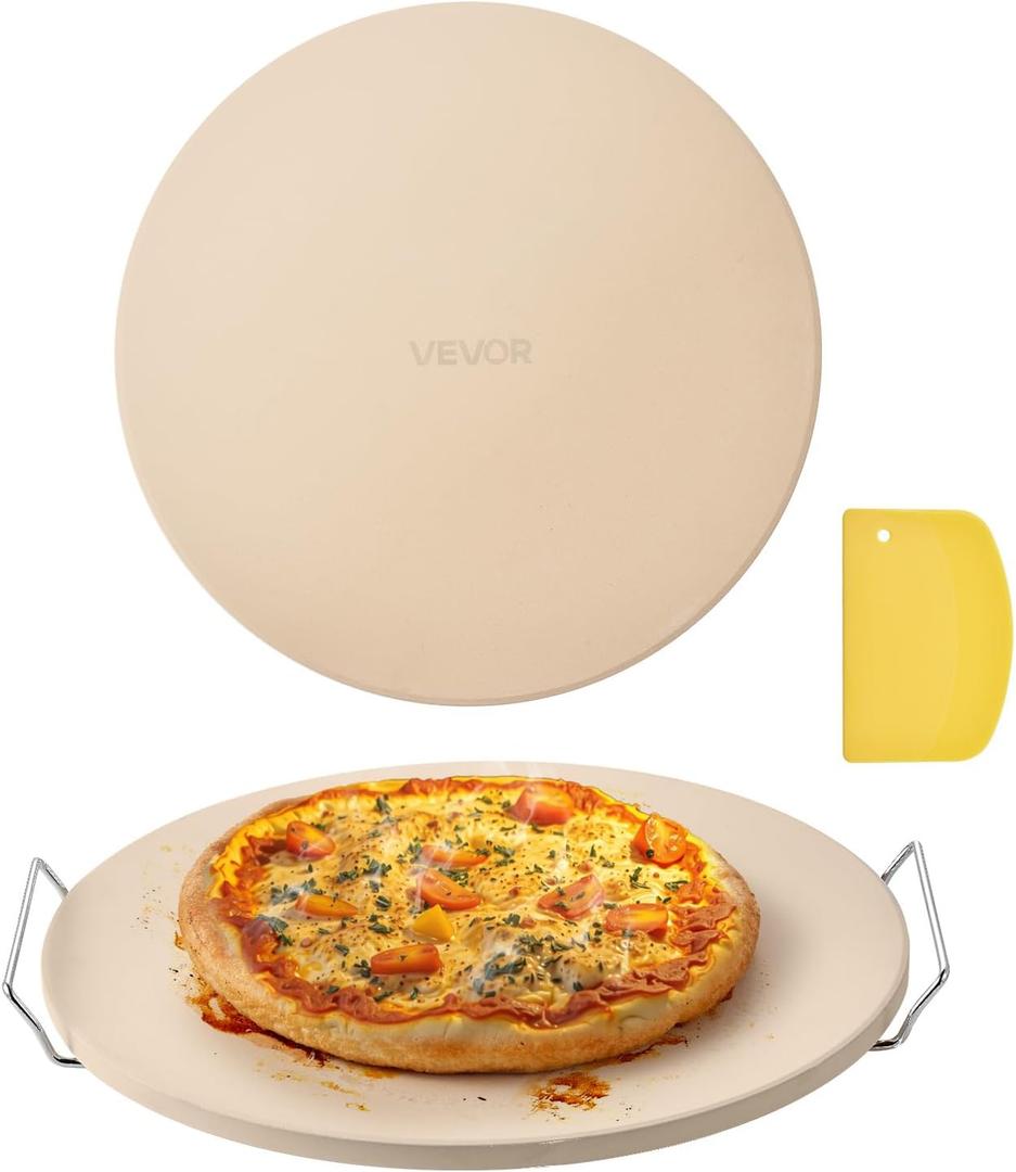 VEVOR Pizza Stone, 16 in Round Pizza Stone, 0.67" Thick Extra Large Baking-Stone with Rack Stand, 1450 Heat-Resistant Cooking Stones, for Kitchen Oven, Baking Pizzas, BBQ Grill
