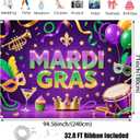 Mardi Gras Backdrop 94.5x71 Inch Large Carnival Masquerade Party Banner with Vibrant Purple Green Gold Design, Photography Background with 4 Brass Grommets for Mardi Gras Decorations