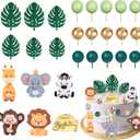 27PCS Safari Animal Cake Topper, Plam Leaves Balls Cake Decorations Birthday Cake for Wild Theme Birthday Decorations Supplies