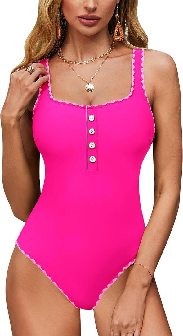 BMJL Women's One Piece Swimsuits Button Adjustable Strap Bathing Suit Color Block Retro Swimwear (Large, Hot Pink066)