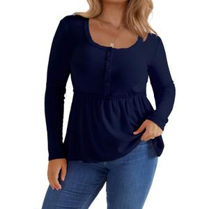 Women's Plus Size Babydoll Tops Long Sleeve Henley Shirts Cute Square Neck Peplum Top Button Casual Swing Flowy Blouses (XXL)
