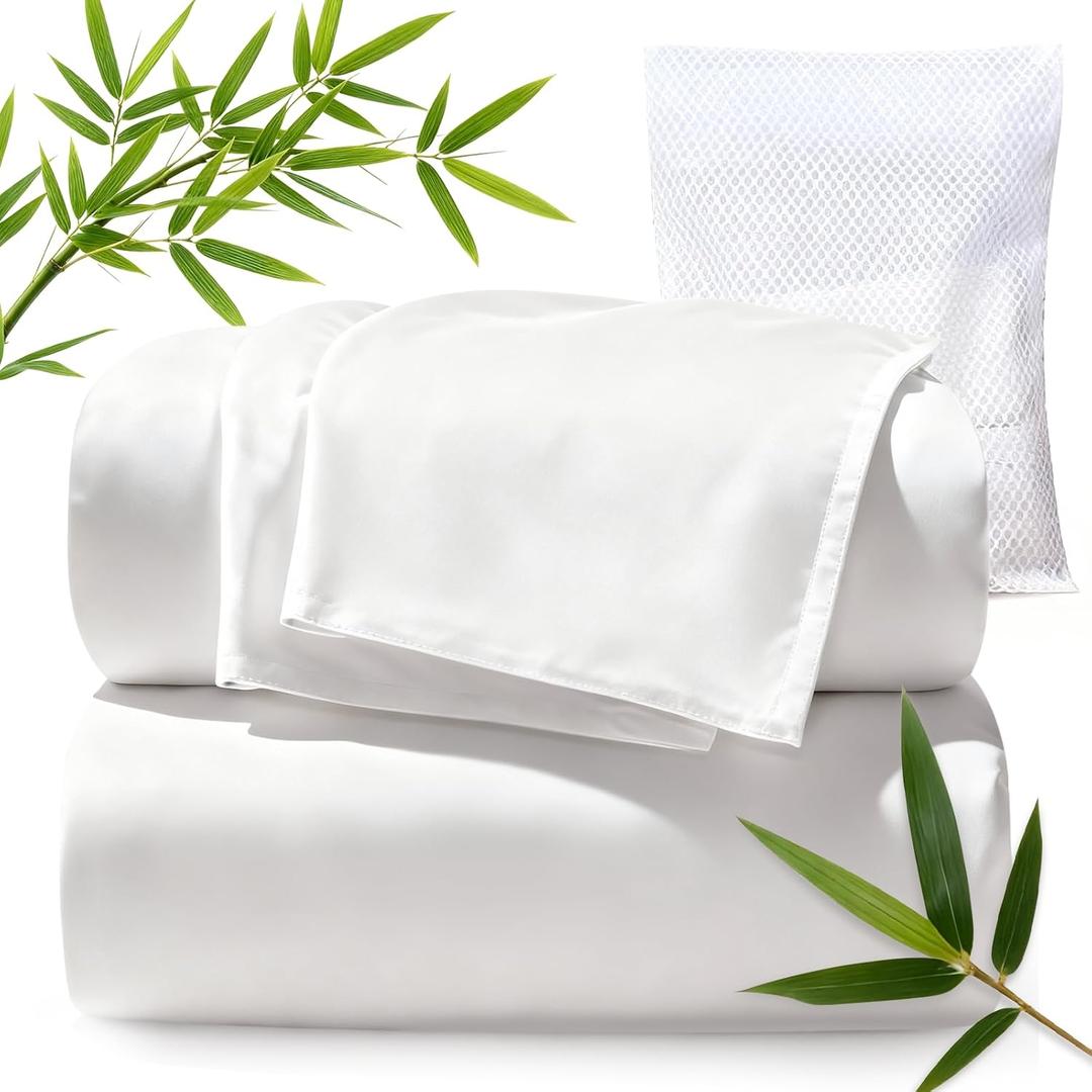 TWK Genuine 100% Viscose Derived from Natural Bamboo Bed Sheets Set,Cooling & Silky Soft Bed Sheets,Deep Pocket Up to 18",with a Laundry Bag (White, King)