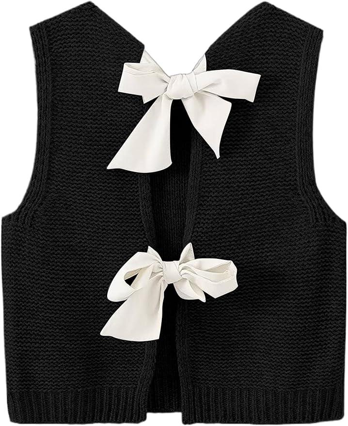 Womens Cute Bow Tie Open Back Cropped Sweater Vest Knit Tank Tops Y2k Girls Sleeveless Cardigan Pullover Shirts M