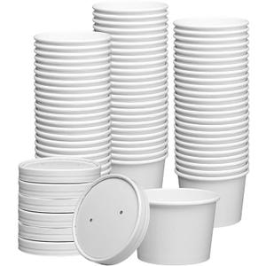 GUSTO [8 oz. - 50 Count White Paper Food Containers with Vented Lids - To Go Hot Soup Bowls, Disposable Ice Cream Cups, Ideal for Hot and Cold Foods - (Formerly Comfy Package)