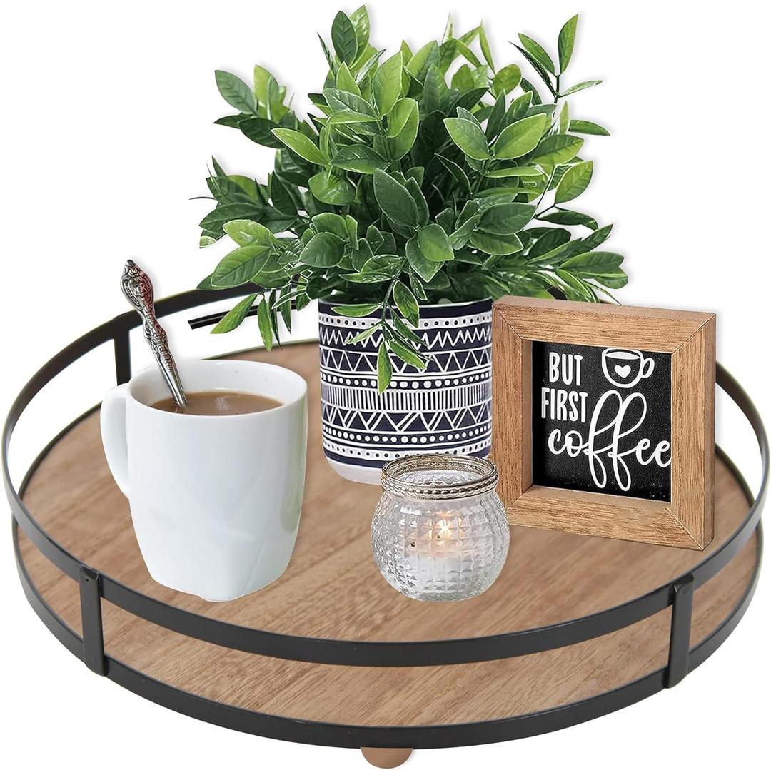 Defined Deco 12in Decorative Tray-Round Serving Tray with Metal Handle-Decorative Trays for Home Decor,Living Room Decor,Coffee Table Decor,Rustic Wooden Tray for Kitchen Table Decor,Dining Table. (Brown)