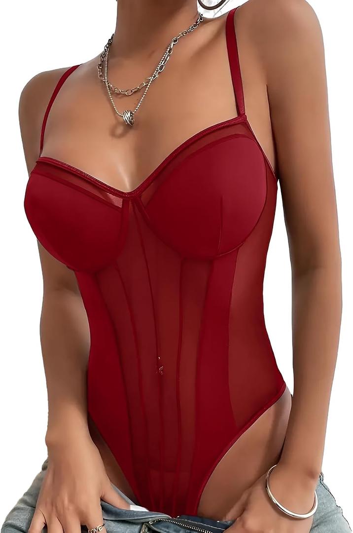 Lilosy Petite Sexy Strappy Wireless Mesh Sheer Babydoll Lingerie Women Teddy Bodysuit Corset Bustier Nightgown Nightshirt See Through One Piece Red X-Small