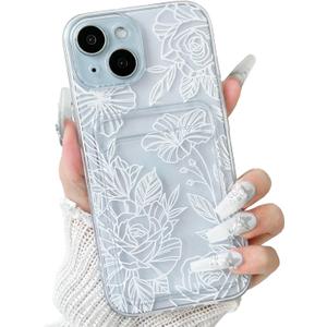 NITITOP Compatible with iPhone 15 Plus Case with Card Holder Clear Cute Line Rose Floral Flowers for Women Girls Soft TPU Wallet Shockproof Protective Cover - White